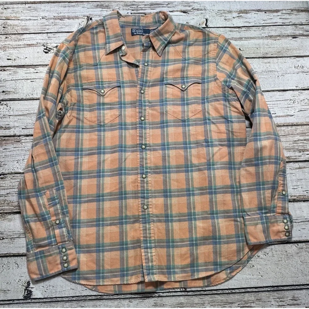 Vintage 90s Polo by Ralph Lauren Men's Peach Plaid Pearl Snap Western Shirt XL